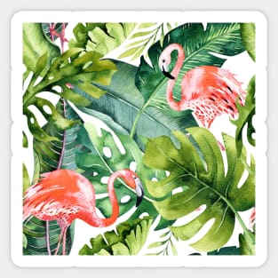 Pink Flamingos / Coral Orange and Dark Green Tropical Foliage Sticker